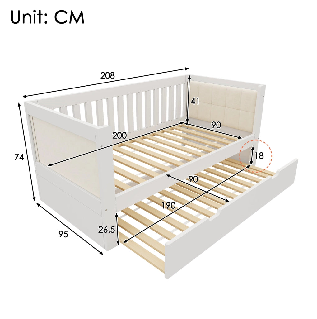 Letto da giorno con letto estraibile 90x200 cm; legno di pino bianco