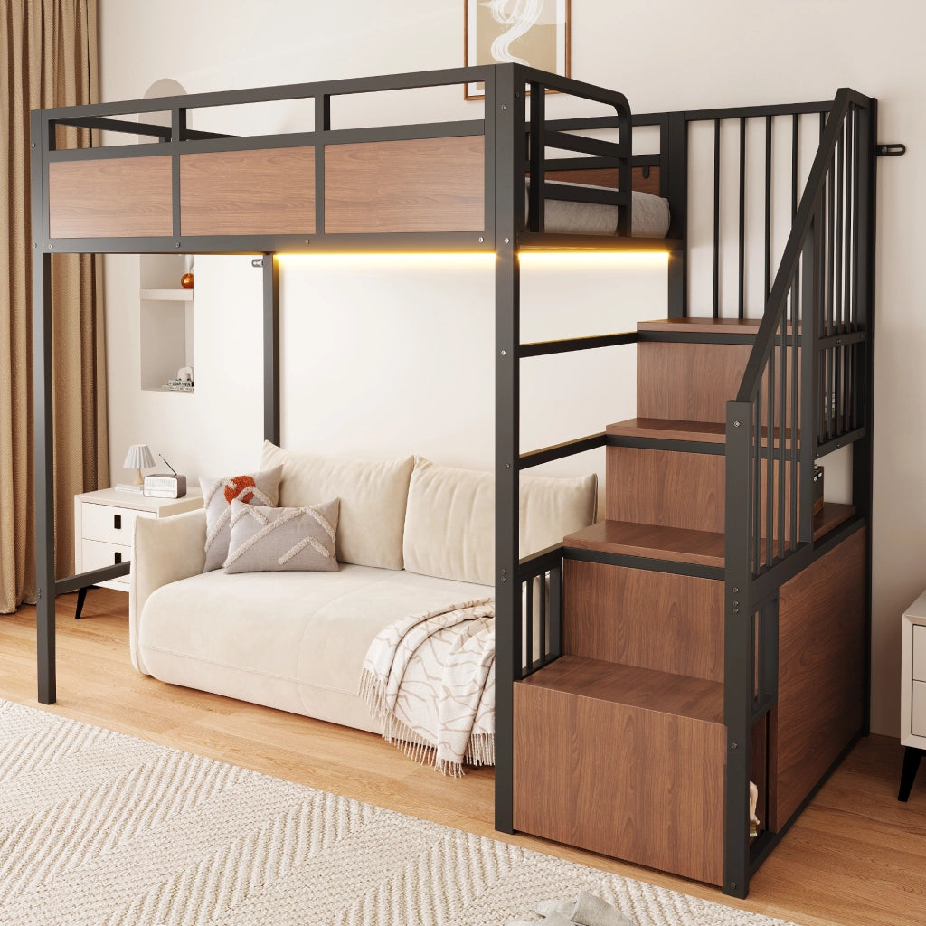 Letto a soppalco 90 × 200 cm con scala contenitore reversibile, led, senza materasso, in metallo e legno, nero