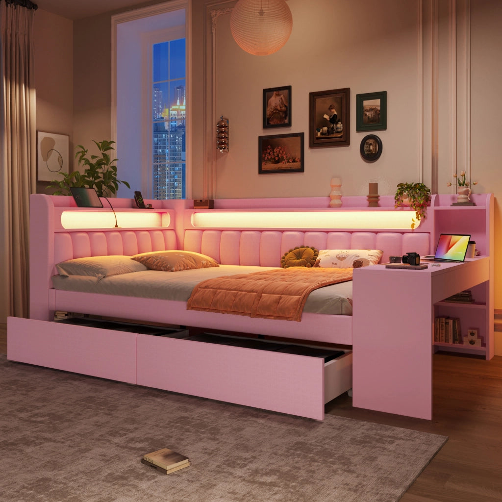 Daybed imbottito 140x200 cm rosa con USB, LED, scrivania e 2 cassetti