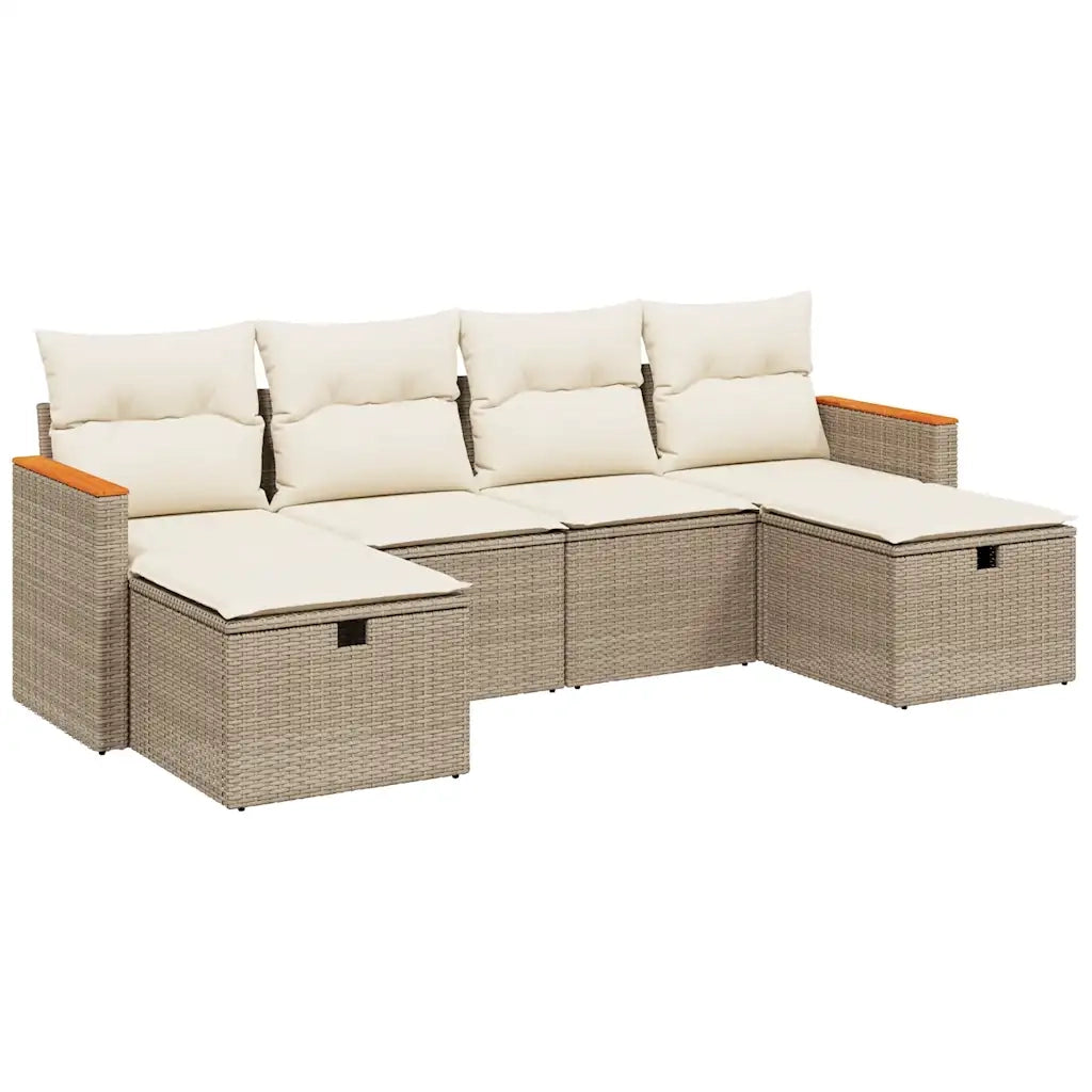 Set Divano da Giardino 6 pz con Cuscini Beige in Polyrattan