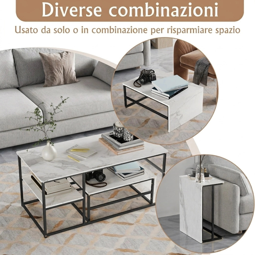 Tavolini da salotto set 2 pezzi 105x52x48,5 cm tavolino pieghevole sovrapponibile con contenitore effetto marmo metallo - nero