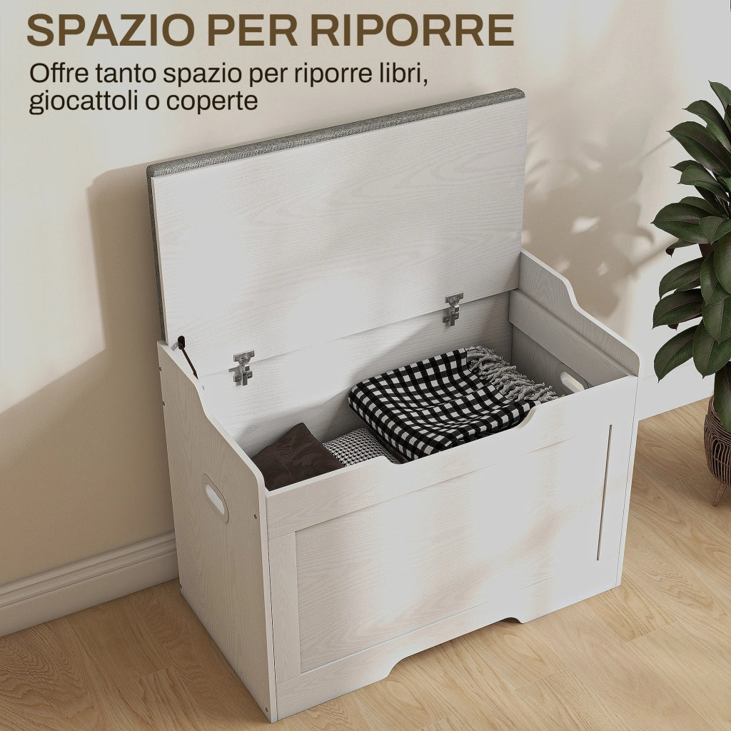 Panca Contenitore da 103L Multifunzione in Legno con Cuscino in Tessuto, 75x40x56cm, Bianco