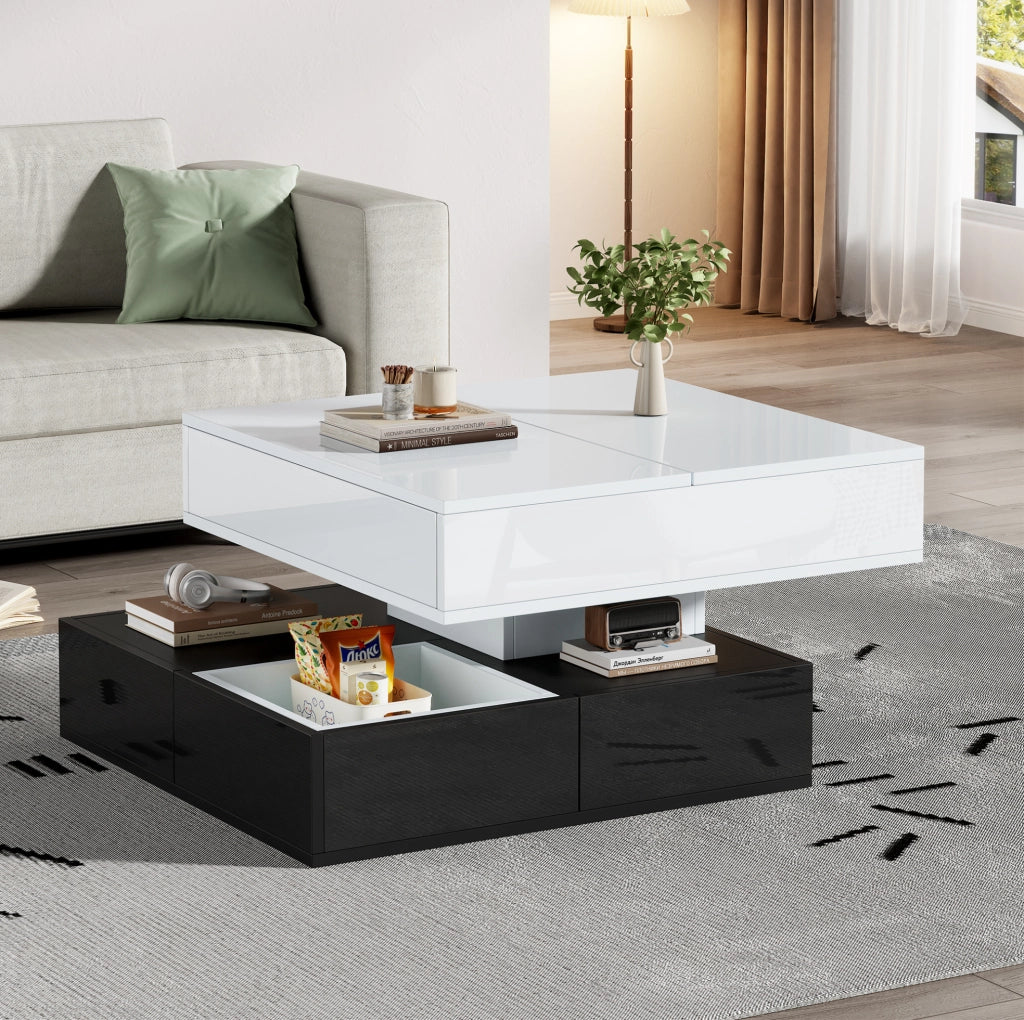 Tavolino da salotto quadrato sollevabile con piano girevole 360°; 70x70x40/55 cm; bianco nero