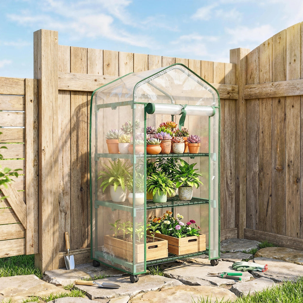 Serra da giardino mini con 3 ripiani ¨C Xylo ¨C PVC trasparente con ruote 69x49x130 cm