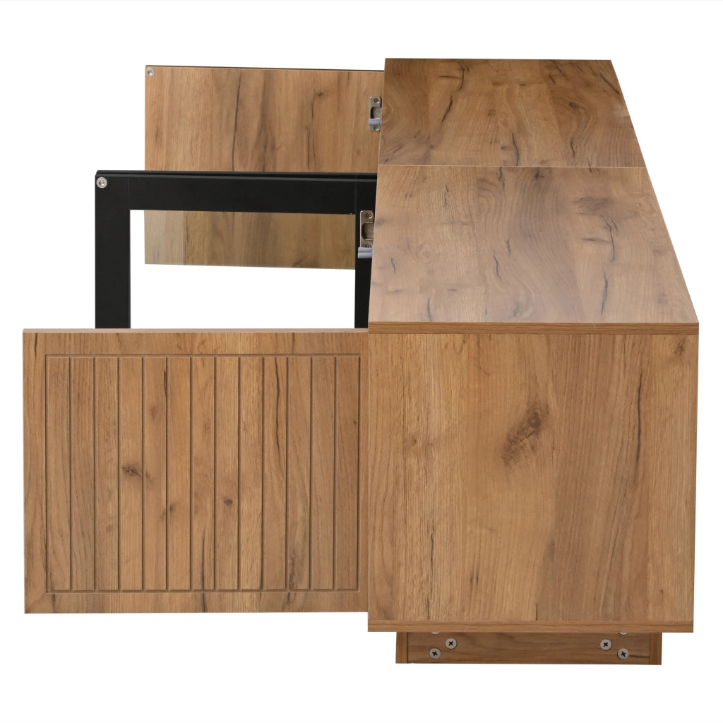 Mobile TV 180 x 40 x 45 cm in pannello truciolare, colore naturale e nero, con ante in vetro temperato e illuminazione LED