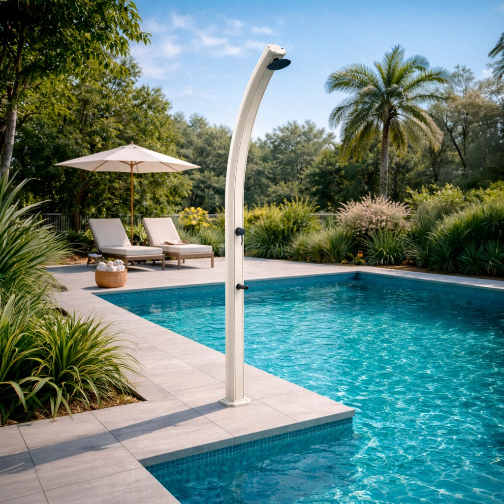 Doccia Solare Bianco Alluminio per Esterno serbatoio 25 L altezza 226 cm soffione tondo 15 cm miscelatore con rubinetto lavapiedi SS0954-WHITE