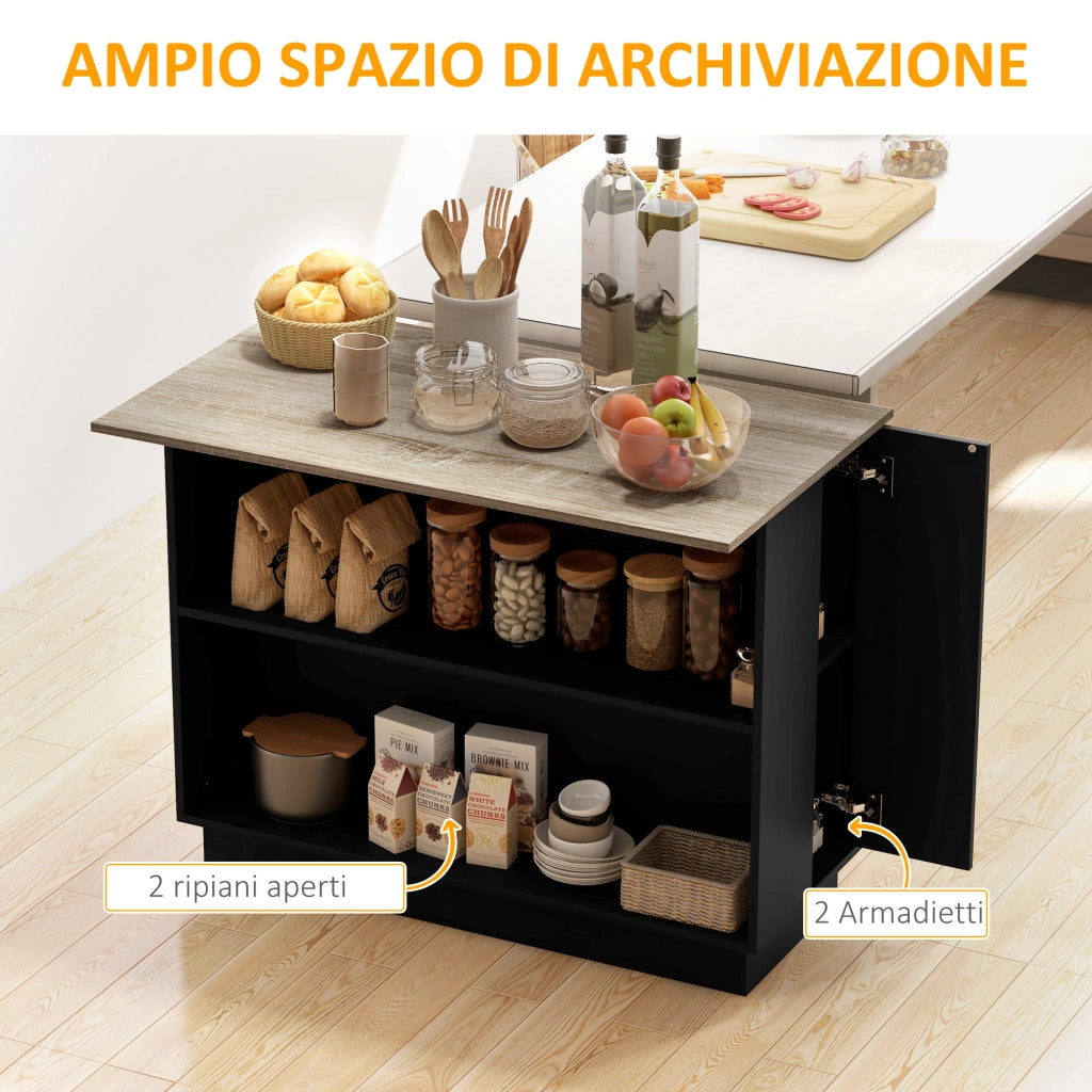 EasyComfort Isola per Cucina con 2 Ripiani Aperti e 2 Armadietti, in MDF, 105x60x82 cm, color Rovere e Nero