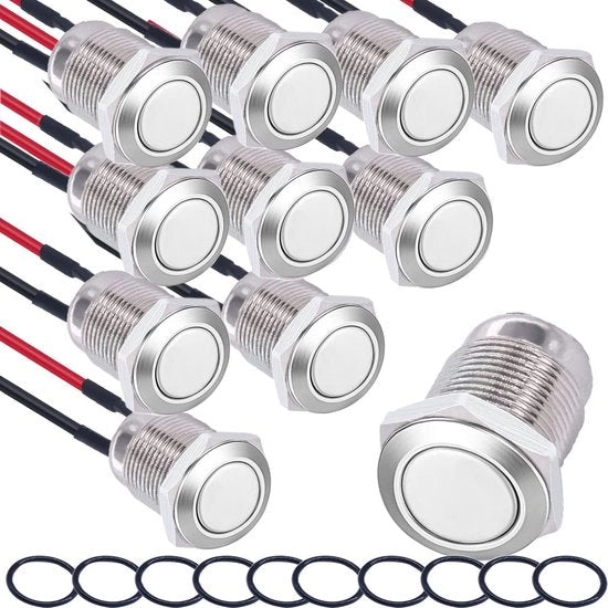 10x Viti a Dado Acqua 12mm, RVS, Preinstallate, Interruttore a Pulsante 2A/12V/24V/125V/250V