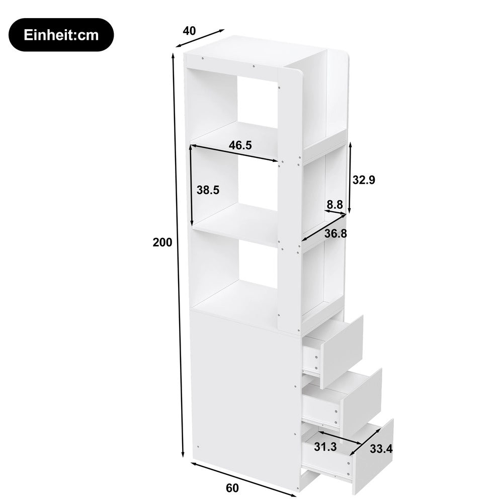 Scaffale per libri alto 200 cm - Zephmum- 3 ripiani aperti e 3 cassetti, sistema antiribaltamento