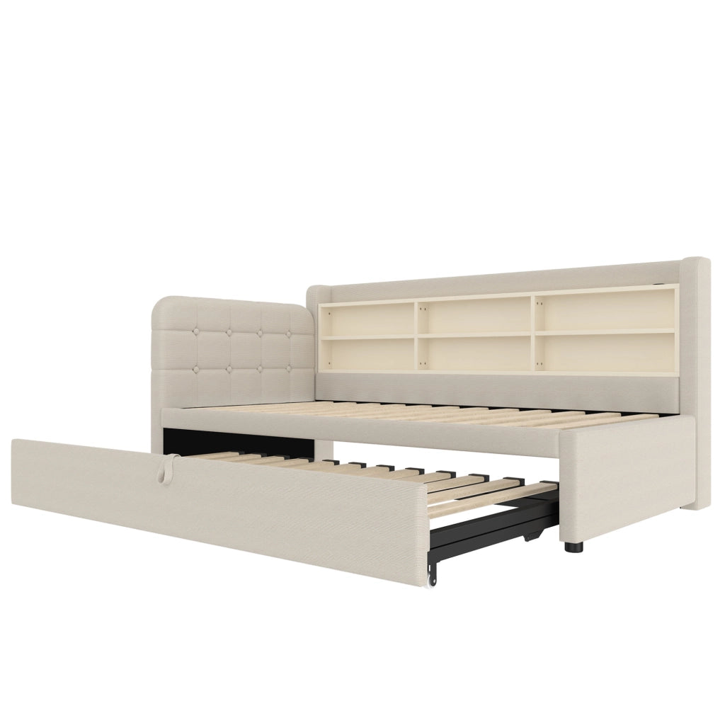 Letto 90x200 cm estraibile con USB e Tipo C; lino beige