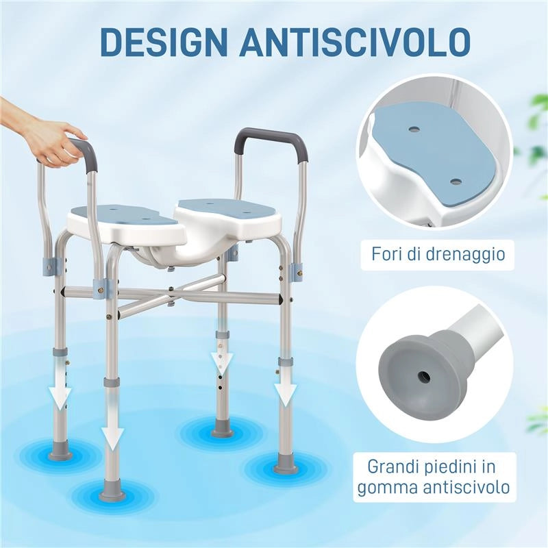 SGABELLO DA DOCCIA CON SEDUTA SCANALATA E BRACCIOLI ALTEZZA REGOLABILE E PIEDINI ANTISCIVOLO AZZURRO