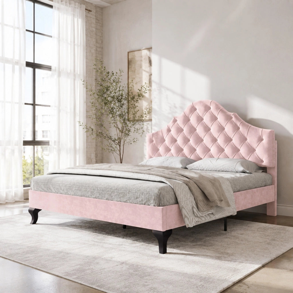 LETTO imbottito 140x200 cm in velluto rosa con rete a doghe e testiera