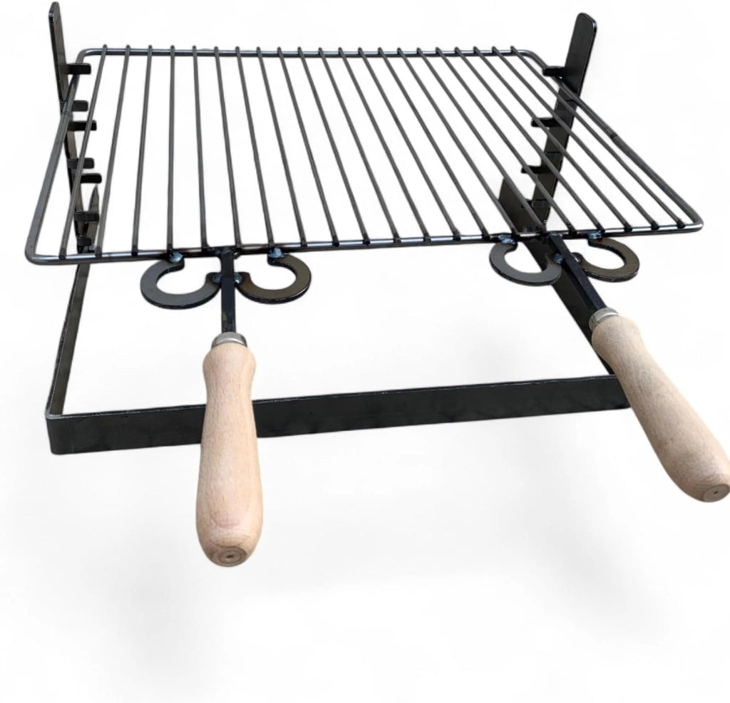 Griglia in ferro regolabile su più altezze, bistecchiera con manici in legno, per barbecue e camino per carne pesce verdure 40x36 cm