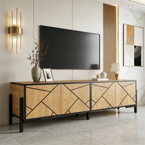 Mobile TV con 4 Ante ¨C MINIMAL ¨C Legno Naturale e Nero, 153x40x50 cm