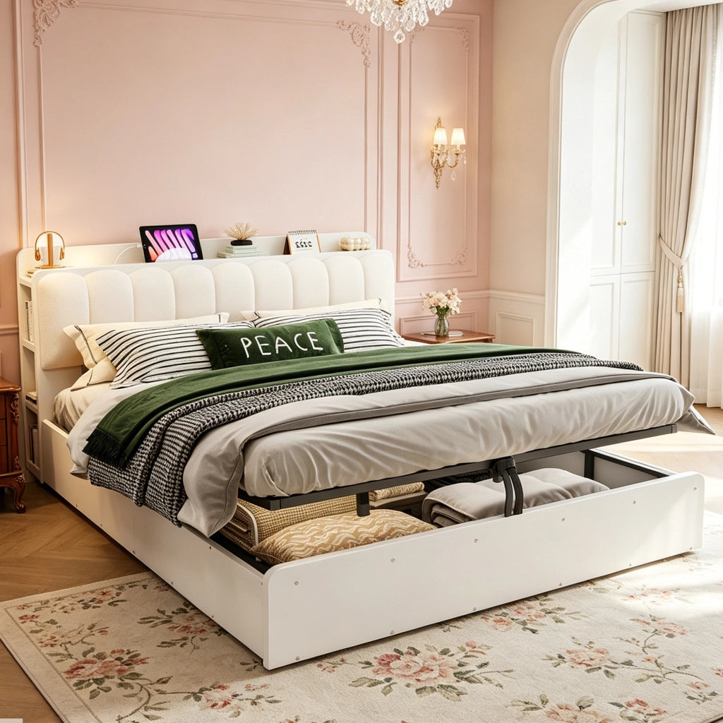 DESMIU Letto contenitore 180 × 200 cm 2 posti con testiera, USB, luce notturna e spazio, senza materasso, bianco
