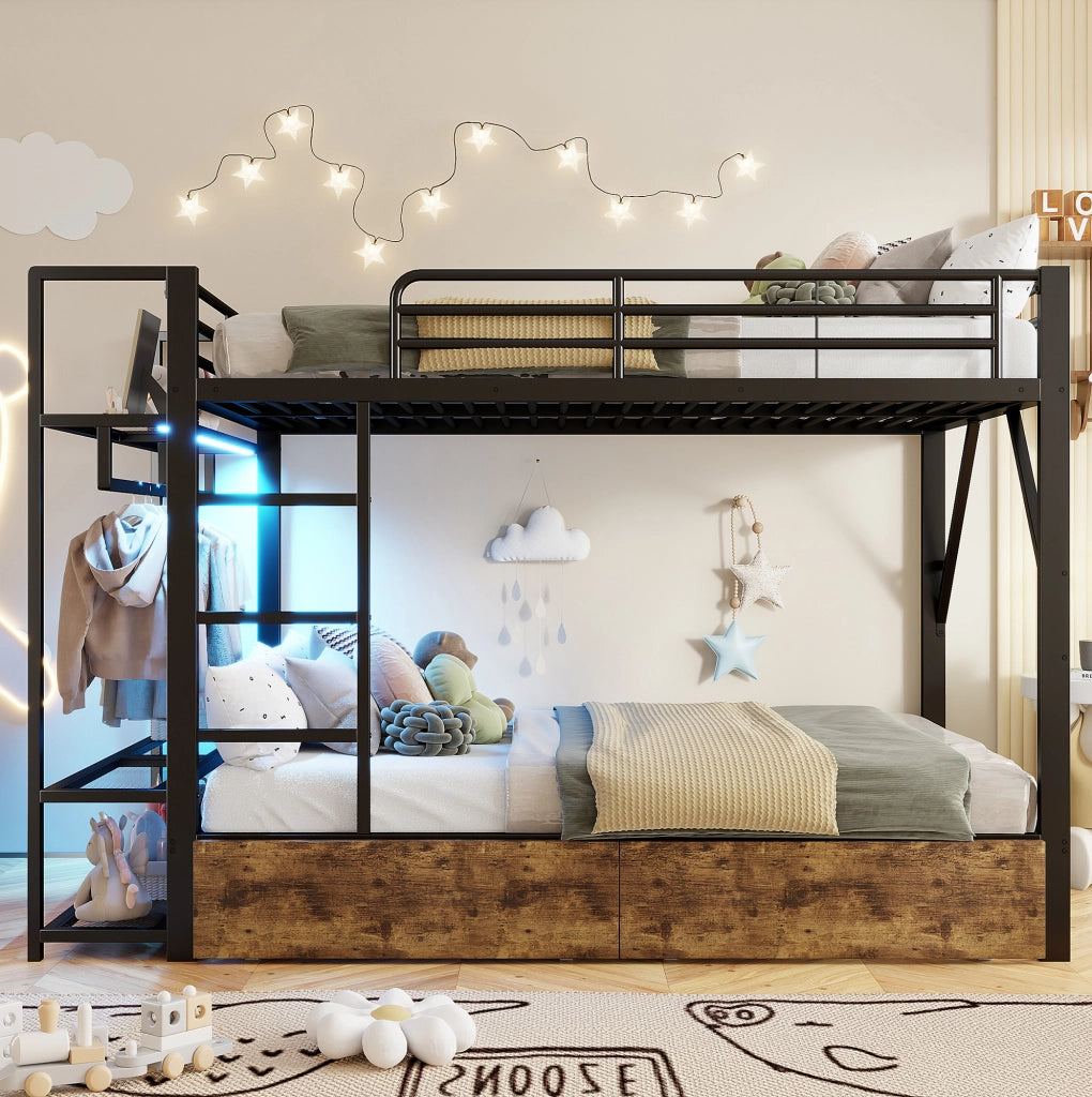 Letto a castello 140x200 cm in metallo e MDF con LED; 2 cassetti e ripiani; nero
