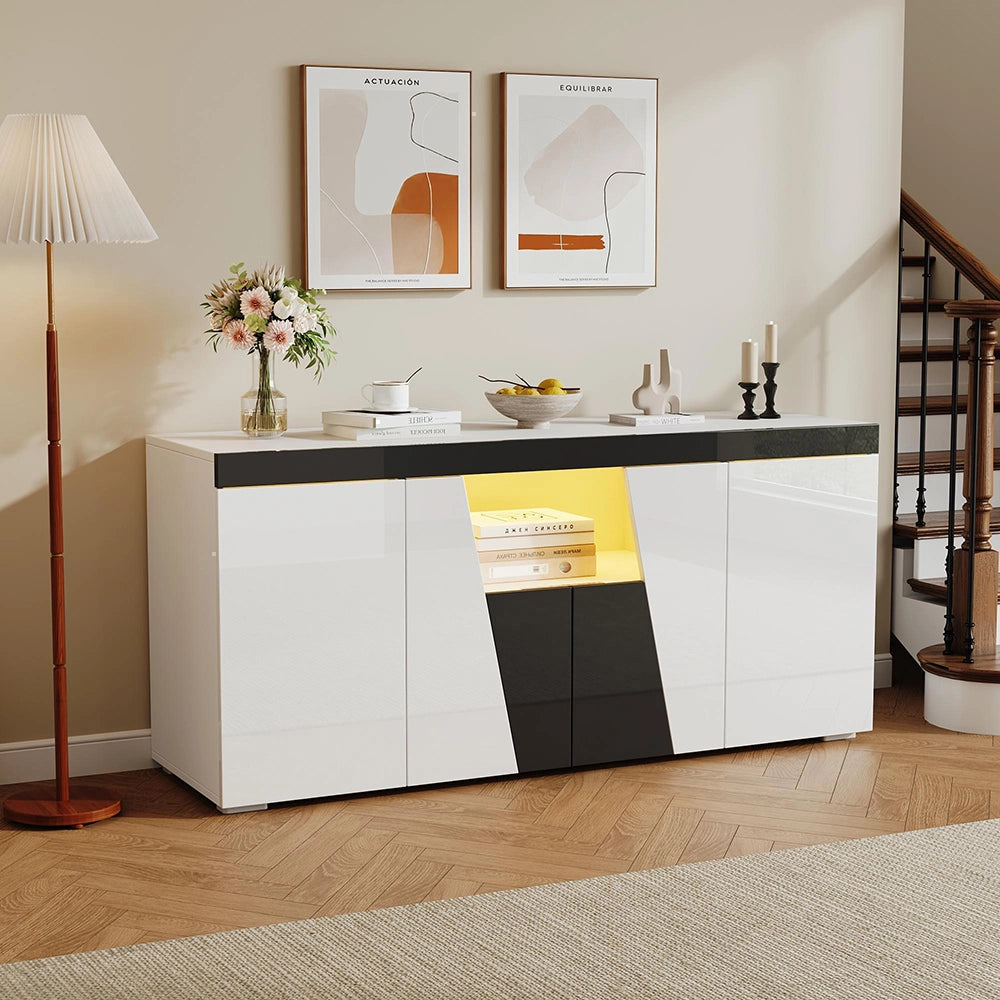 Credenza Angolare 140x40x65cm - Xylo - 3 Ante con Luci LED, Colore Bianco e Nero