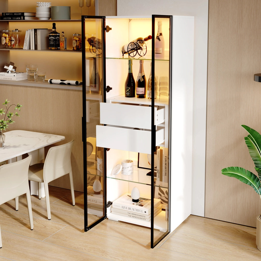 Vetrina con 1 anta; 2 cassetti; ripiani regolabili e LED per soggiorno; in MDF e vetro; bianco; 60×40×160 cm