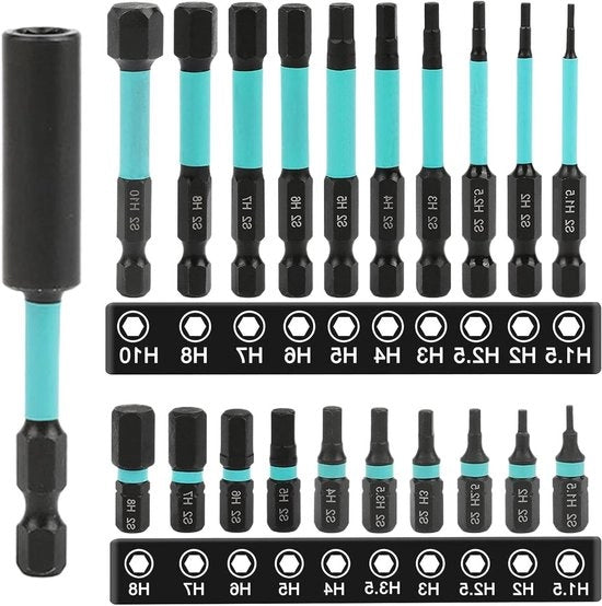 Bitset Premium con 20 bit per trapano a 20 mm per trapano a batteria | Bitset a sezione esagonale con estensione di bit | 1/4 pollice | Bit per trapano a percussione H15/2/25/3/35/4/5/6/8/10 | Lunghezza 25 + 60