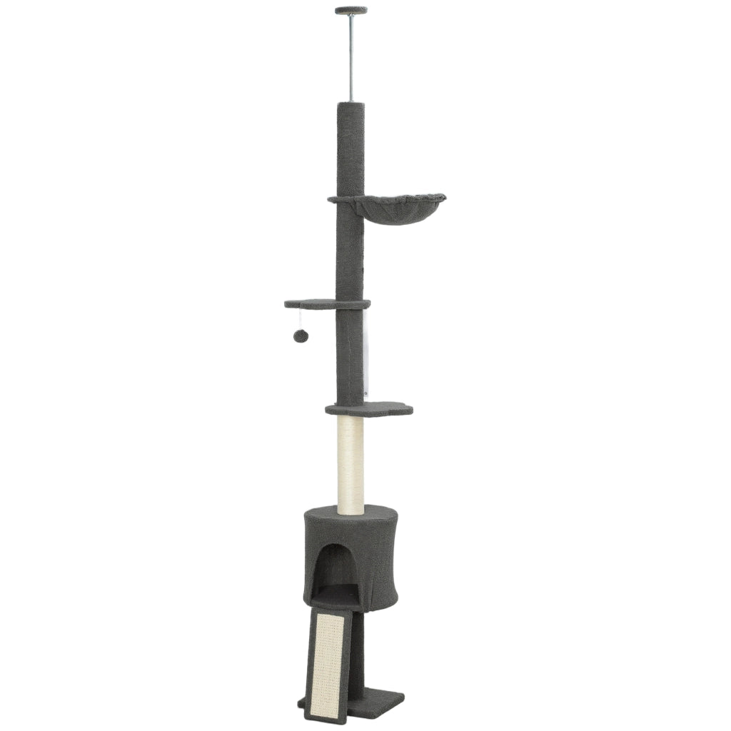 Albero per Gatti a Soffitto Alto con Casetta, Amaca e Piattaforme ¨C zephmum ¨C Grigio, 220-240 cm