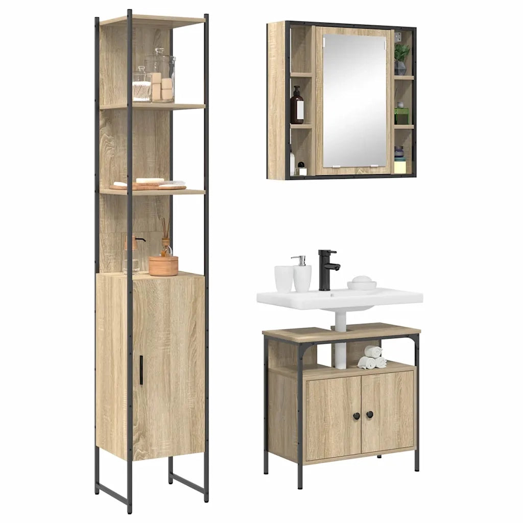 Set di mobili per il Bagno | Armadio da bagno con lo scaffale 3 pz Rovere Sonoma