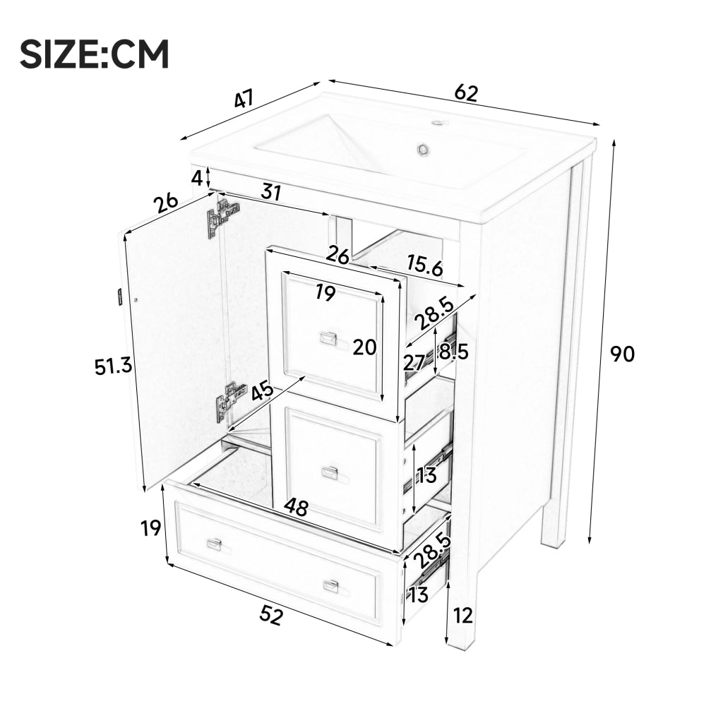 MOBILE BAGNO freestanding 62x47x90 cm in MDF e Ceramica Bianco