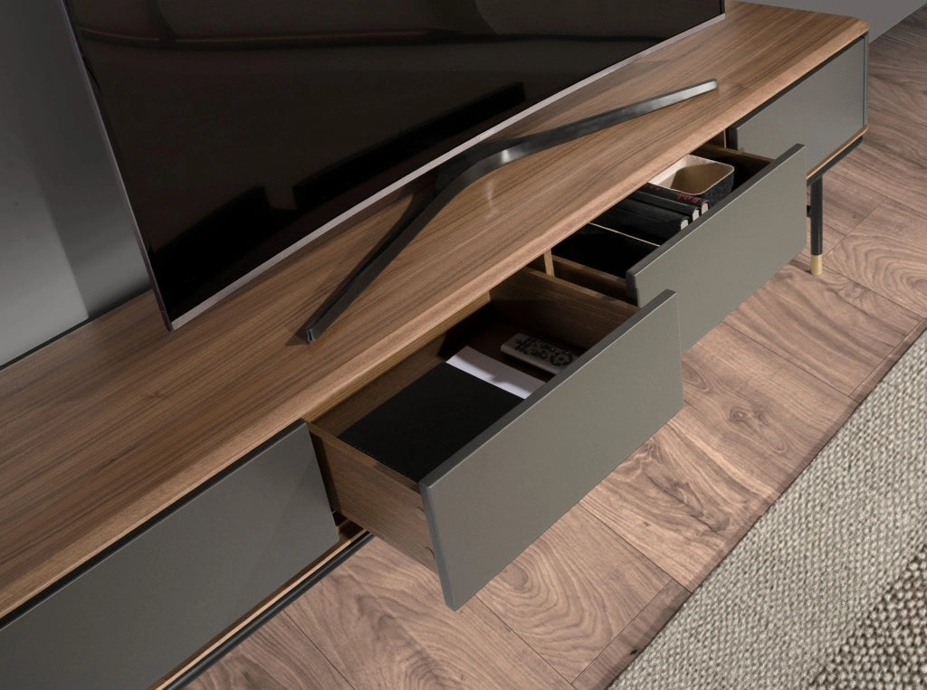 Porta TV in legno grigio scuro opaco, acciaio nero e piano in noce