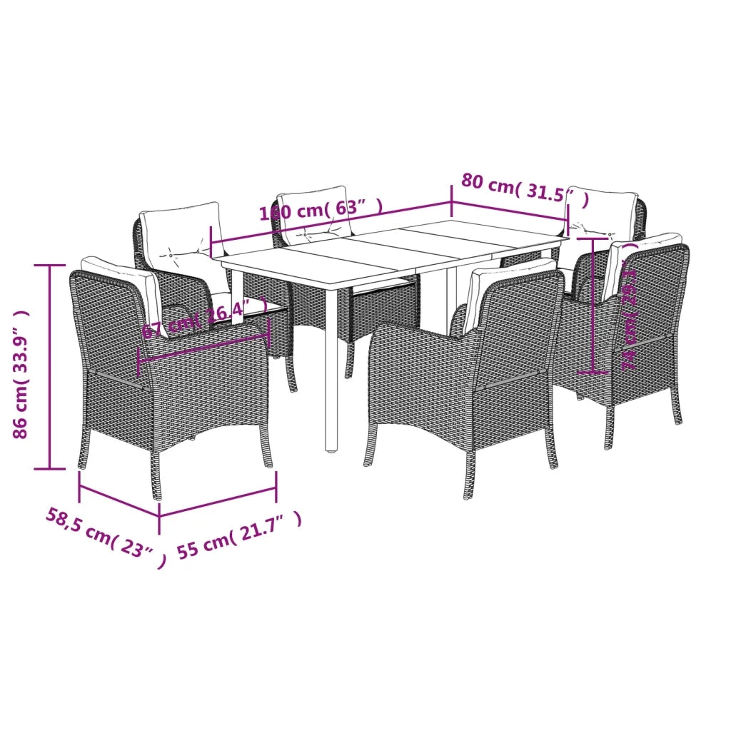Set da Pranzo da Giardino 7 pz Nero con Cuscini in Polyrattan 3211917