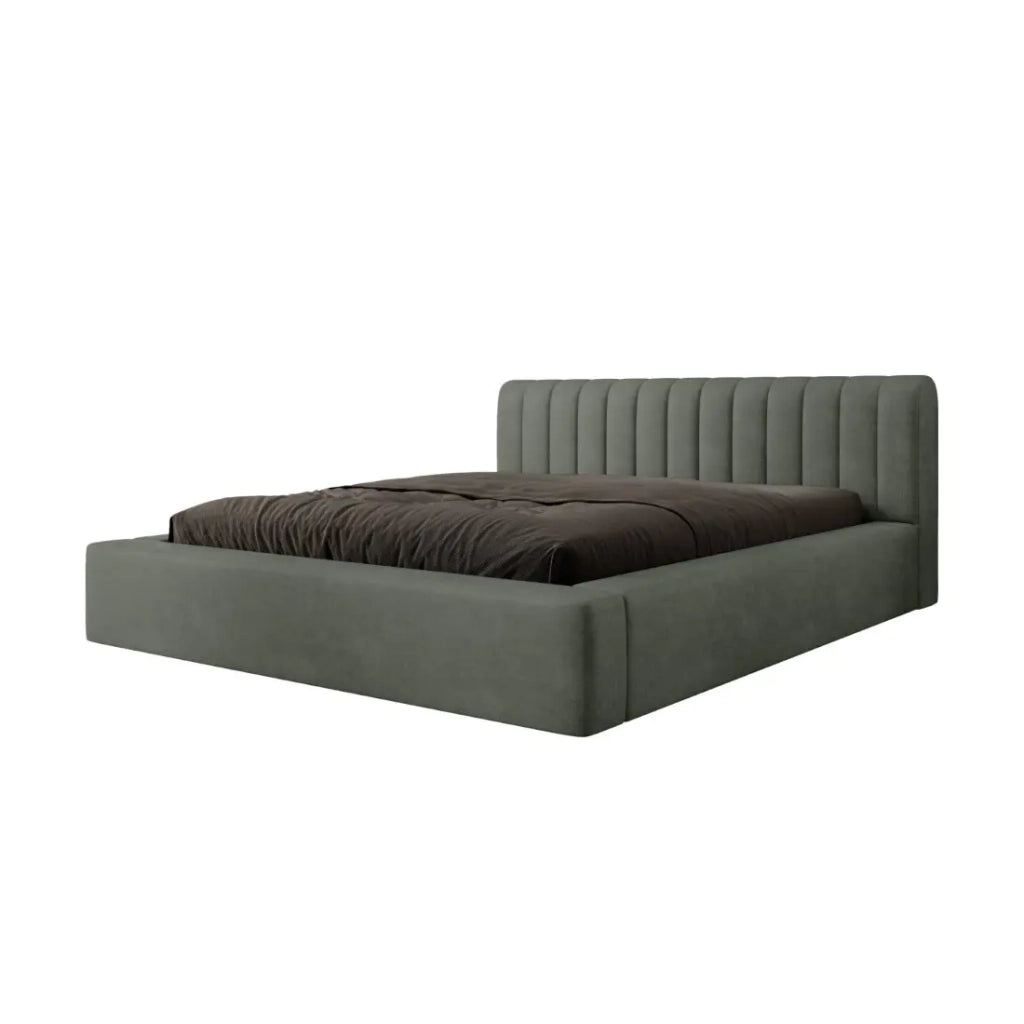 Letto contenitore CERVIN – Velluto morbido Salvia Notturna – 140x200 cm – Rete sollevabile – Design elegante