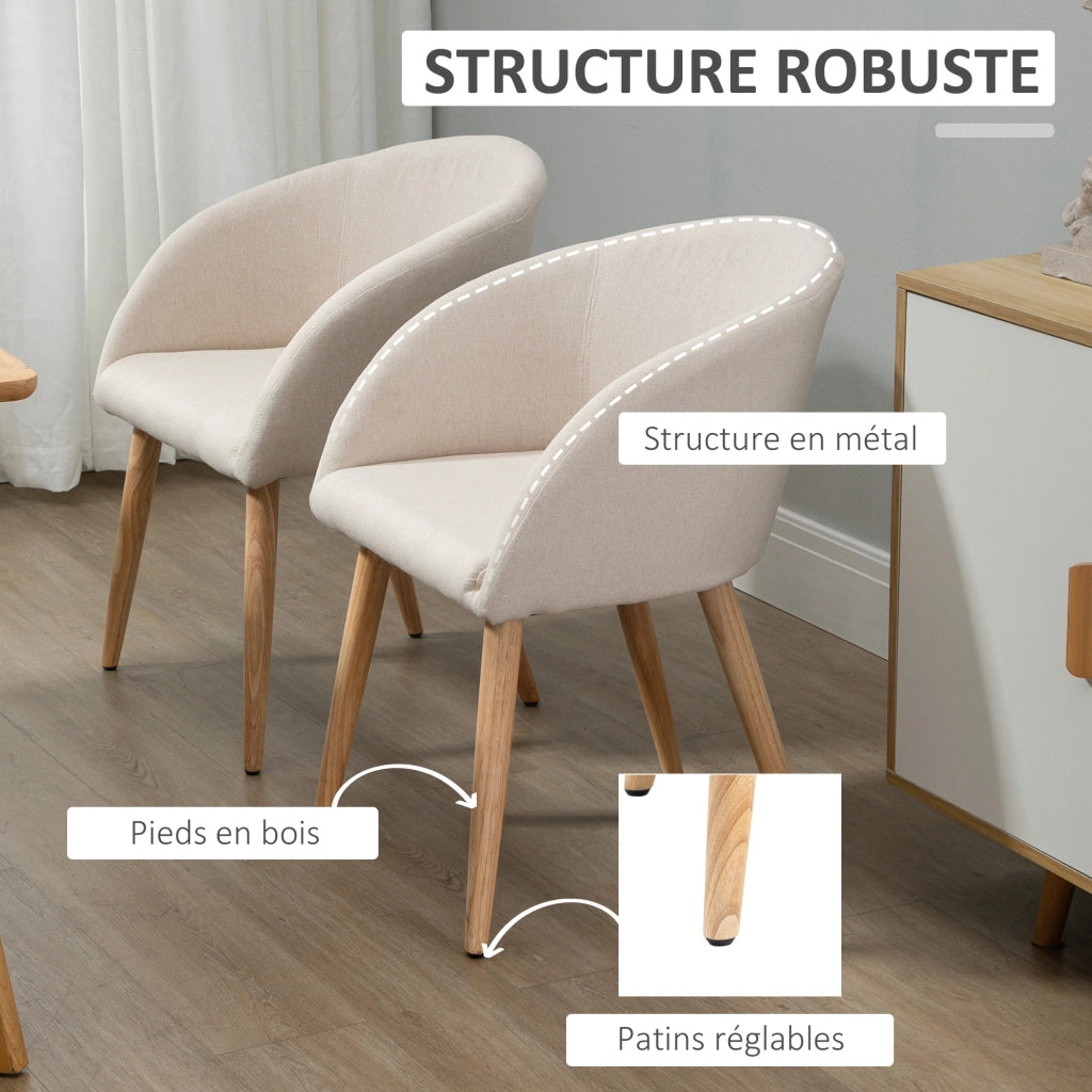 Set 2 Sedie da Pranzo con Braccioli ¨C Xylo ¨C Stile Scandinavo Legno e Tessuto Effetto Lino Beige