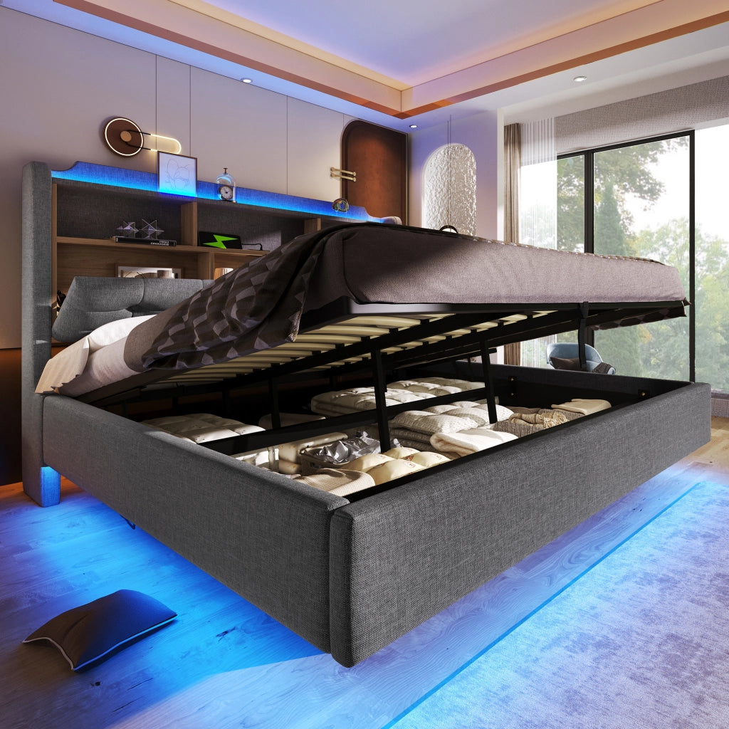 LETTO Contenitore 180x200 cm Grigio in Lino e MDF con LED, USB e Type-C