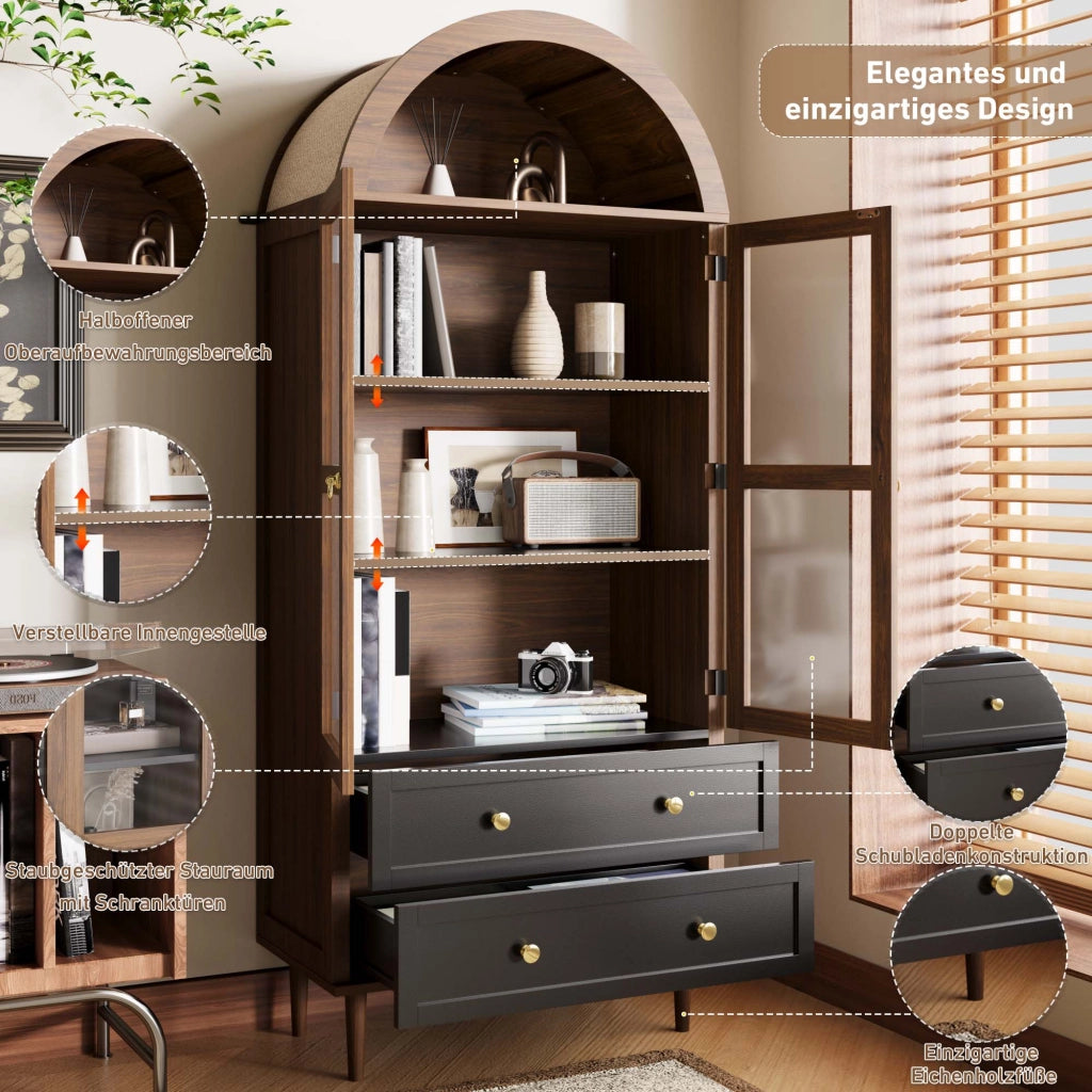 SIDEBOARD con ripiani regolabili 70x38x165 cm MDF e vetro noce