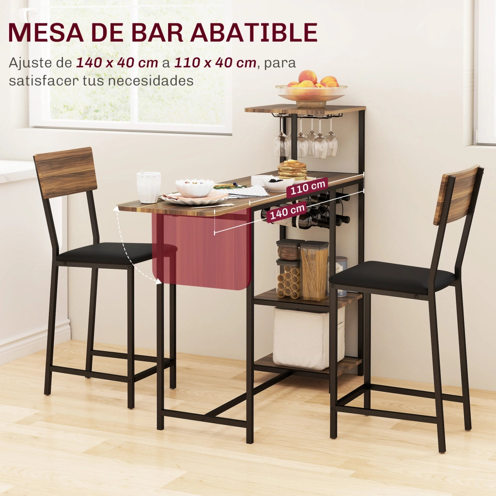 Set Tavolo da Pranzo Pieghevole con Portabottiglie e 2 Sgabelli ¨C Xylo ¨C Metallo Nero Legno Marrone