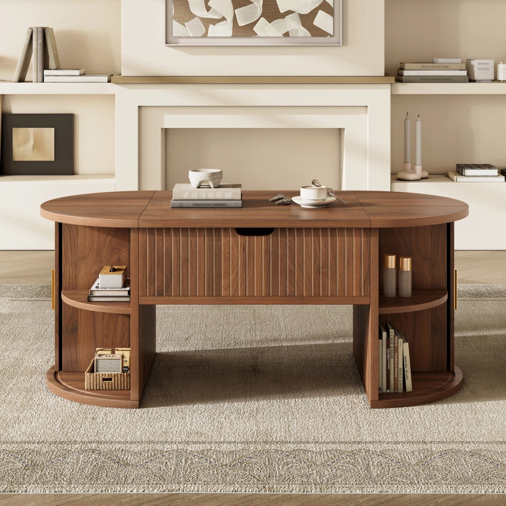 Tavolino da caffè alzabile con 2 ante scorrevoli e ripiani aperti; in MDF; Noce; 100 x 50 x 40.5 cm
