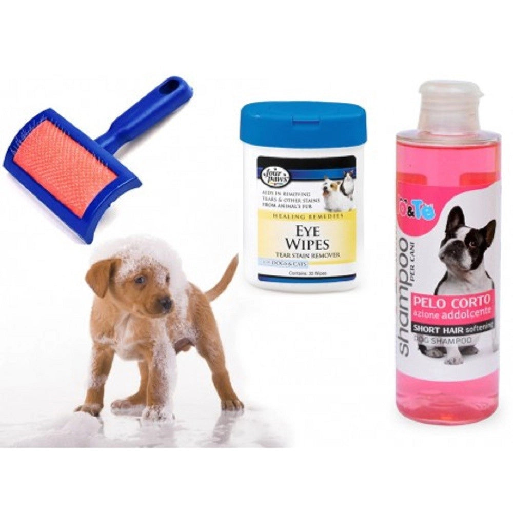 Trade Shop - Kit Pulizia Cani Shampoo Azione Addolcente Salviettine Spazzola Cardatore Pelo Corto -