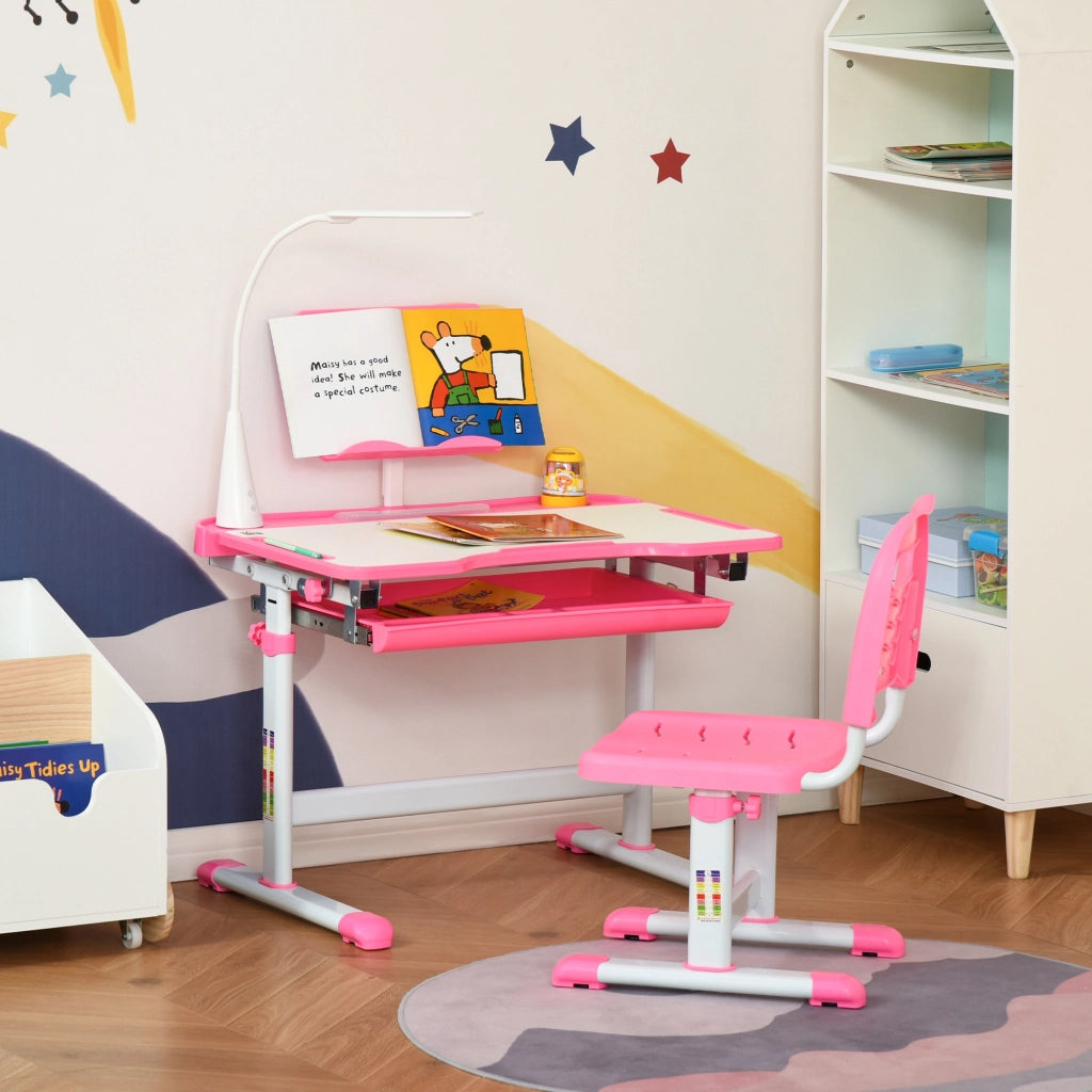 Banco Scuola Regolabile con Sedia per Bambini 6-12 Anni, 70x49.5x80-105 cm, Rosa