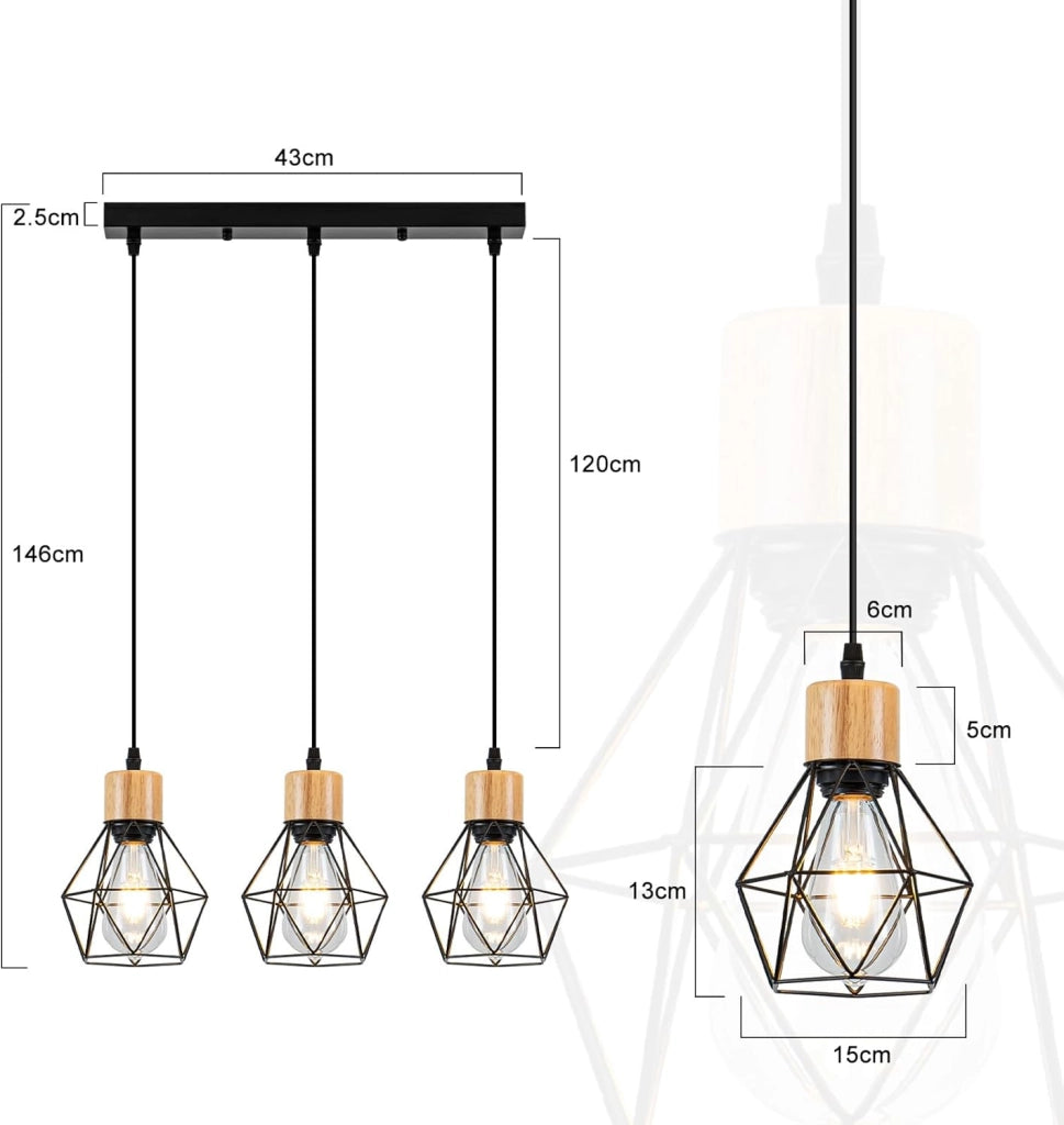 Lampada a sospensione ZMH 3 fiamme vintage nera in metallo E27 senza lampadina