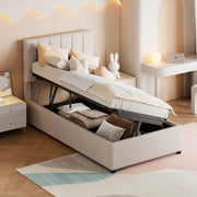 Letto Contenitore Imbottito Singolo ¨C MINIMAL ¨C 90x200, Tessuto Beige, Idraulico