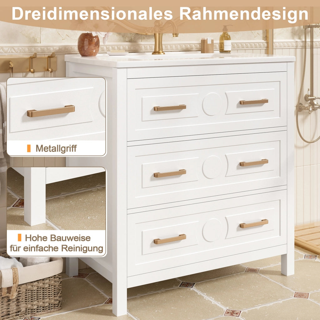 MOBILE BAGNO con lavabo 76,5x47x82 cm MDF e Ceramica Bianco 3 cassetti