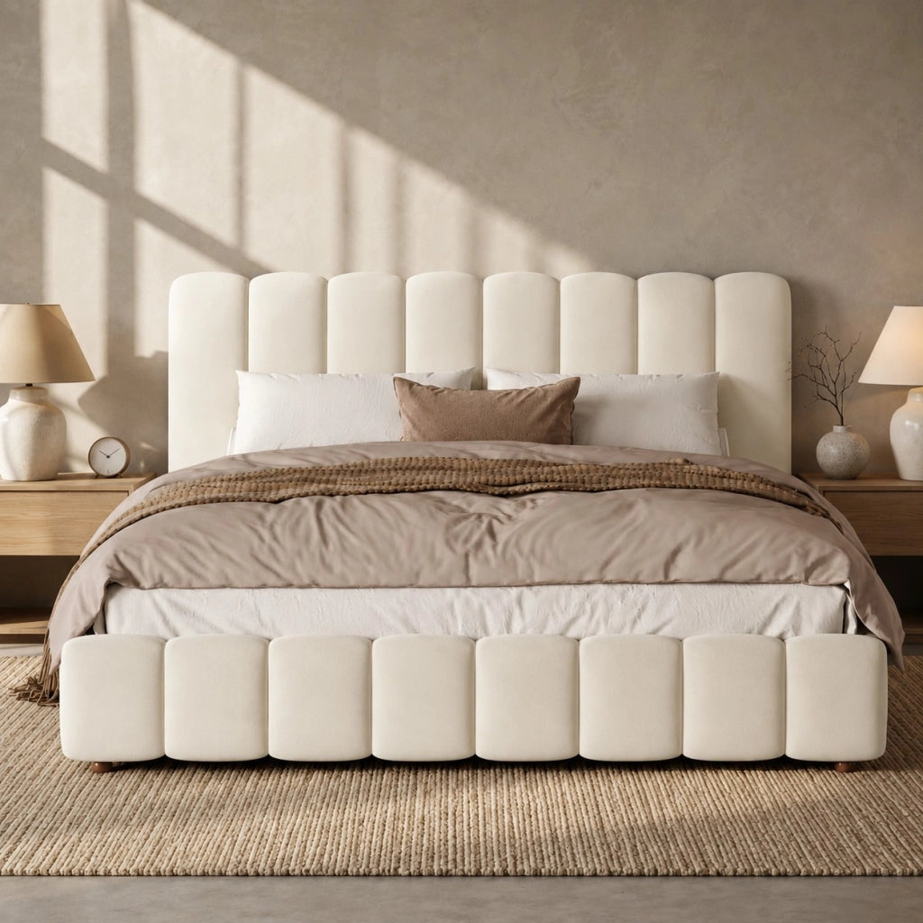 Letto matrimoniale 180 x 200 cm, testiera imbottita, vano portaoggetti, rivestimento in velluto, color beige