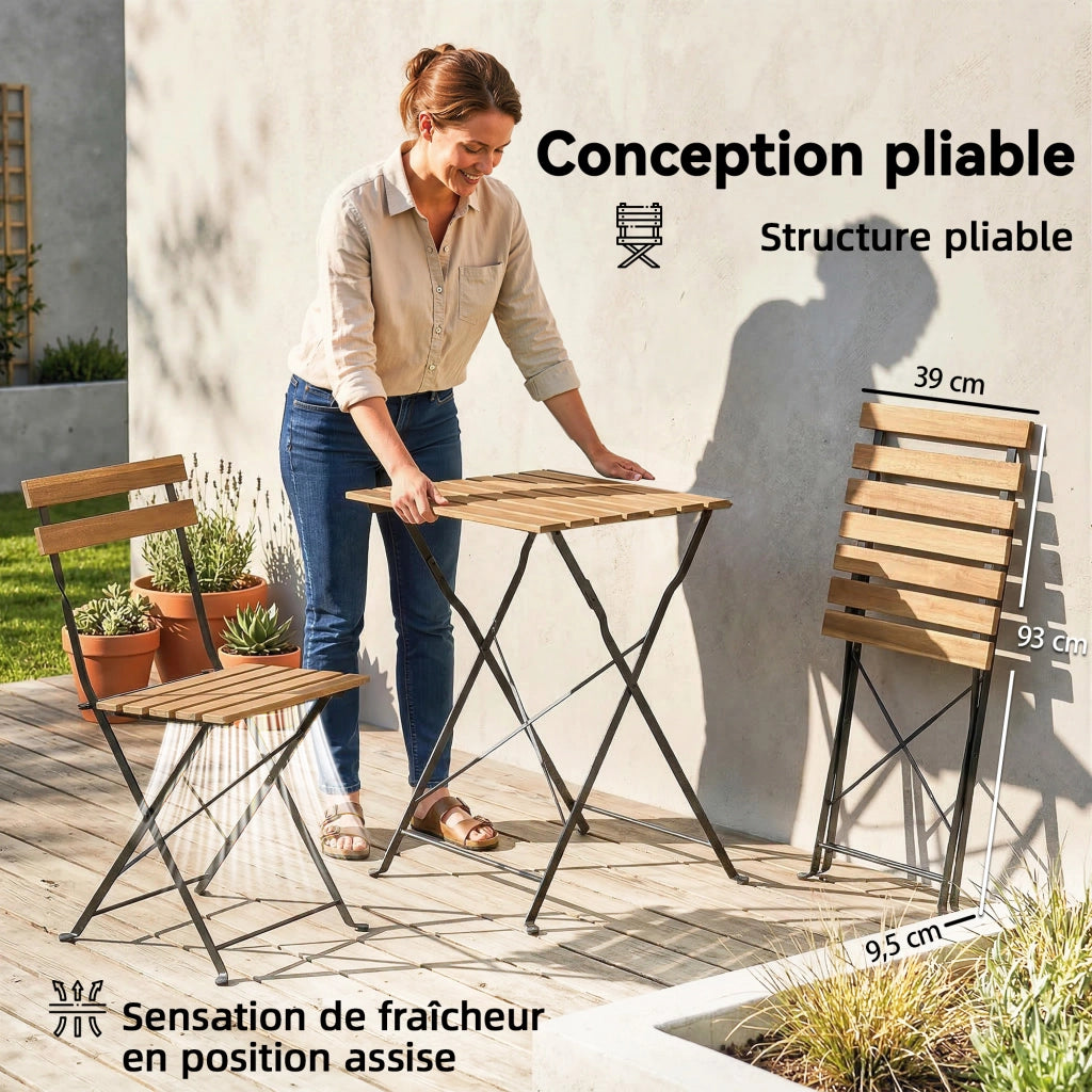 Set Bistrot Giardino ¨C zephmum ¨C 2 Sedie Pieghevoli, Tavolo Quadrato in Legno di Acacia 55x55x71cm, Naturale