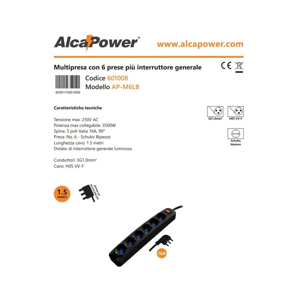 Alca power multipresa nera con 6 prese universali spina a 90° cavo da 1,5mt con interruttore