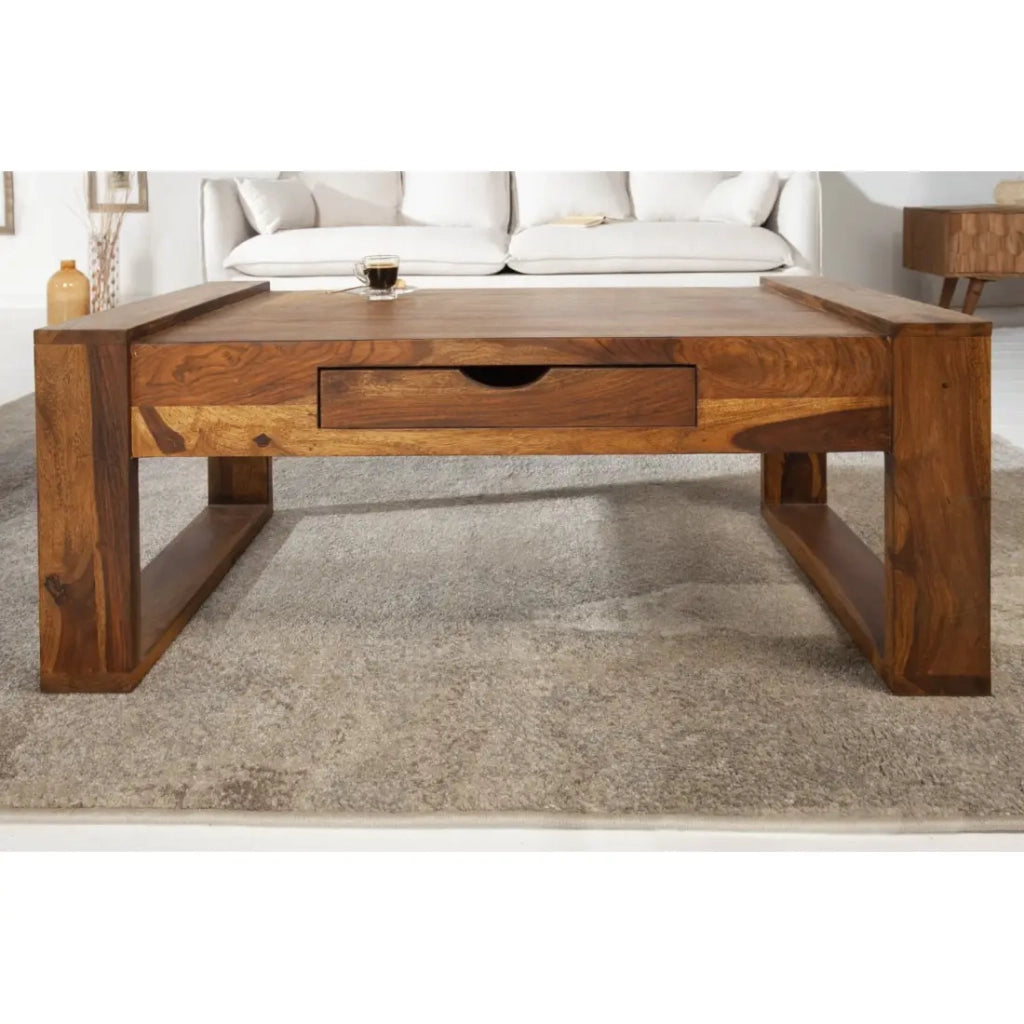 Tavolino basso MOKARA 100 cm in legno massiccio di sheesham con cassetto stile contemporaneo