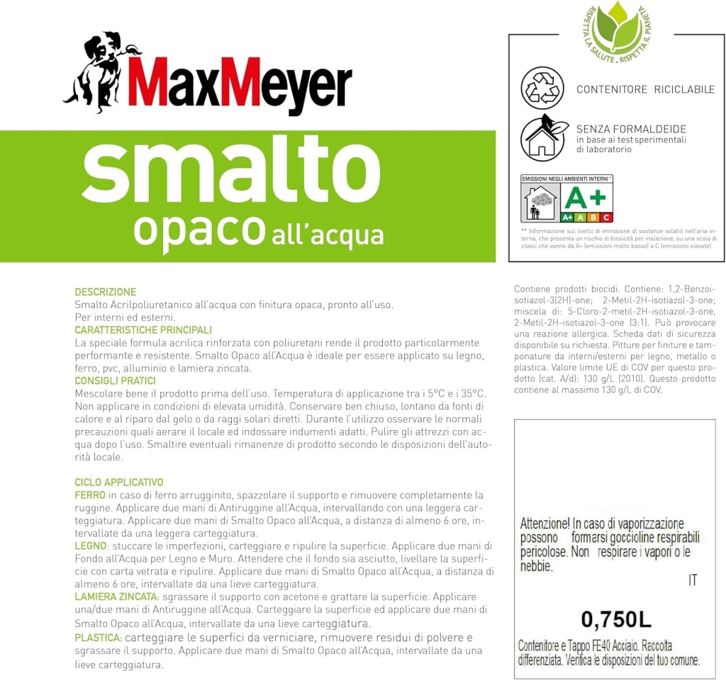 Smalto All'Acqua Poliuretanico con Finitura Opaca, Colore Nero, 0.75L