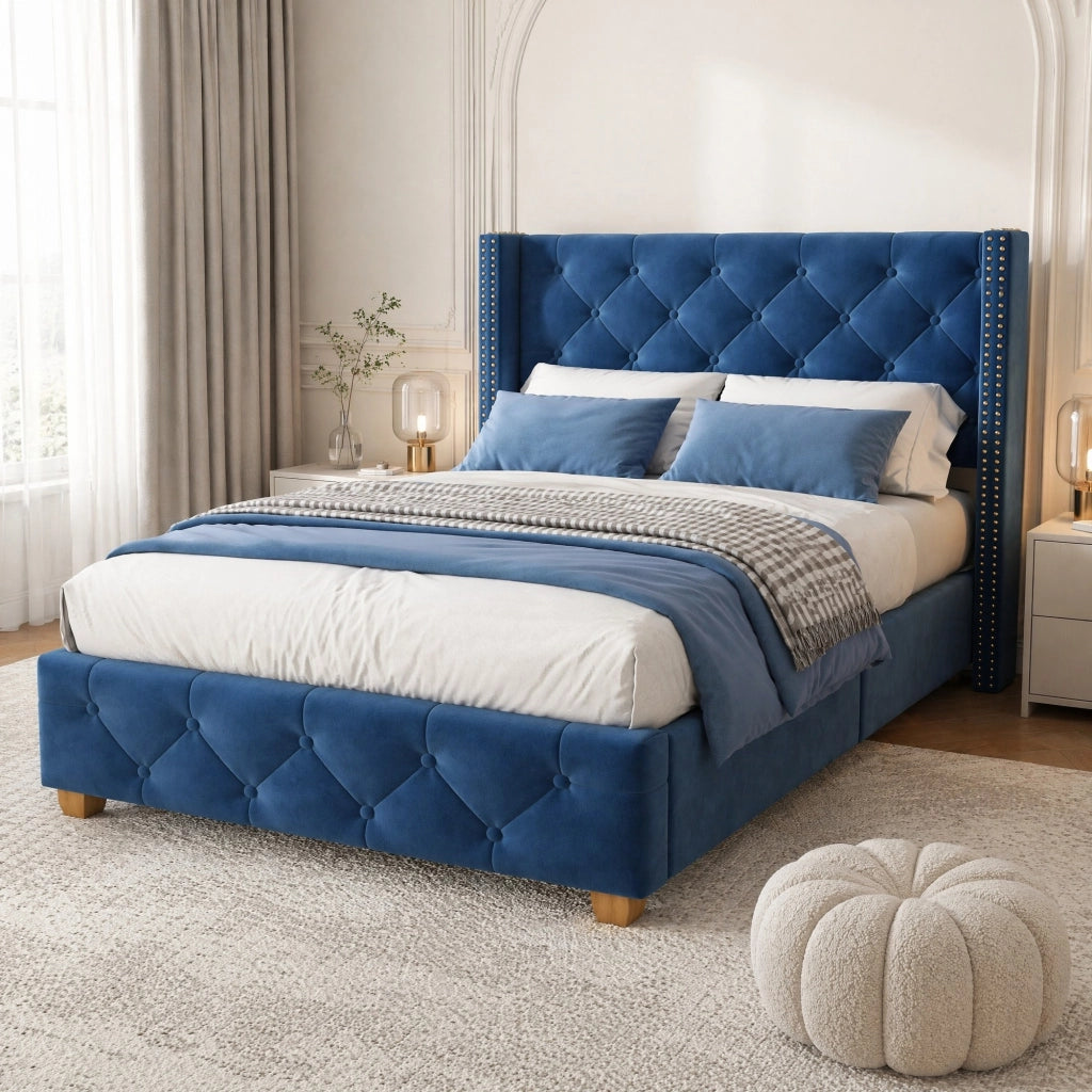 LETTO imbottito 90x200 cm in velluto blu con rete a doghe