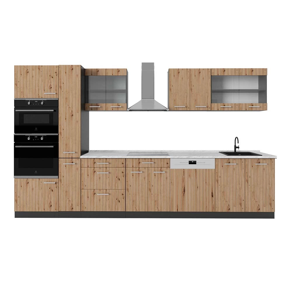Vicco Cucina  Rovere artigianale/antracite 350 cm con armadio alto, PL Marmo