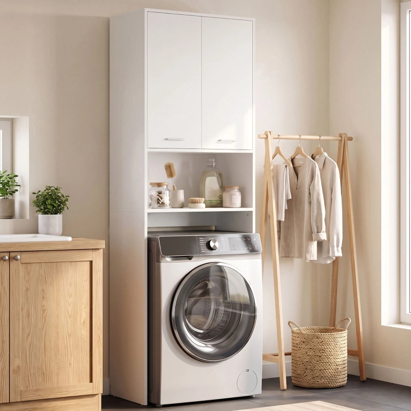 Mobile per lavatrice, mobile alto da bagno con 2 ante e vano a giorno, 66 x 24 x 191 cm, bianco