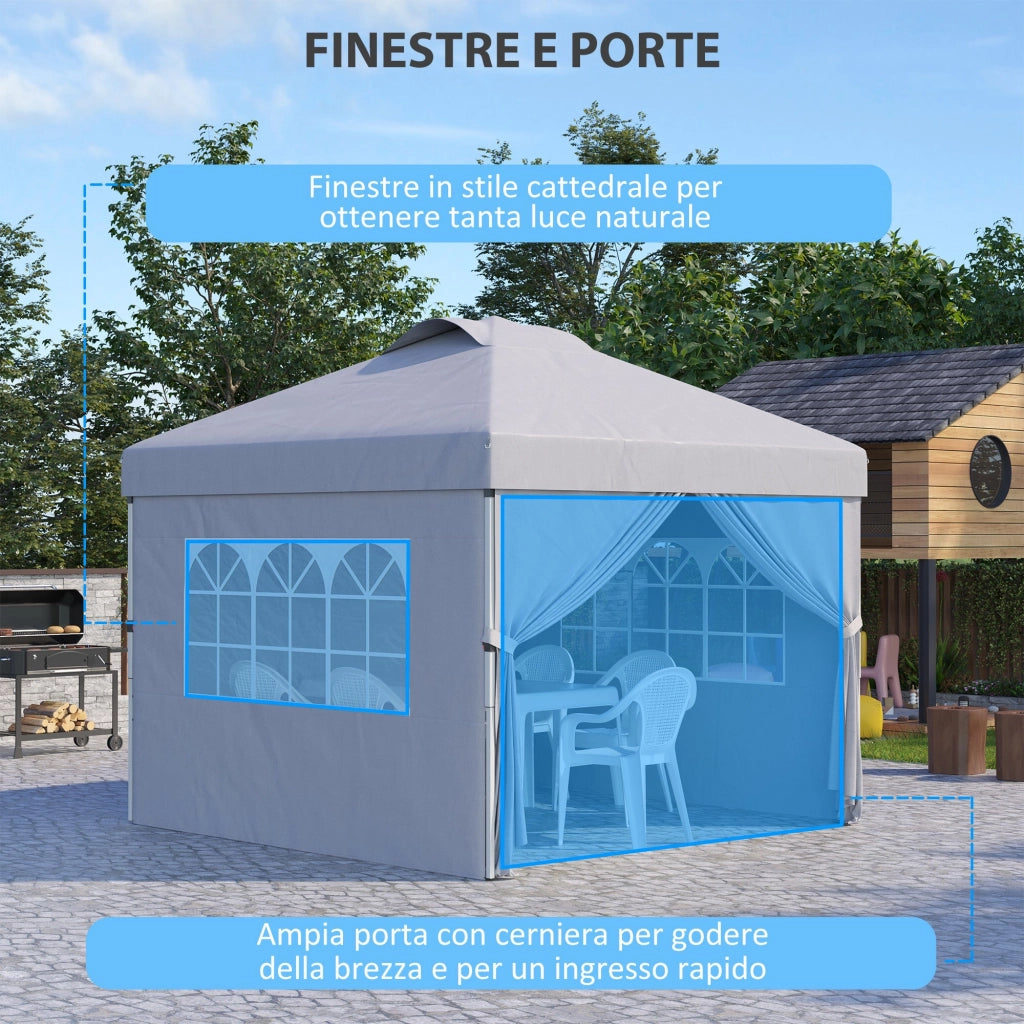 Gazebo da Giardino 297x297x284 cm con Altezza Regolabile su 3 Livelli e Finestre Grigio Chiaro
