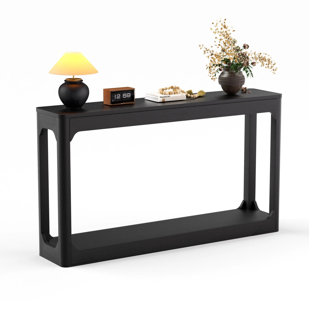 Tavolo consolle nero 140 cm con ripiani aperti, struttura in MDF, design moderno minimalista