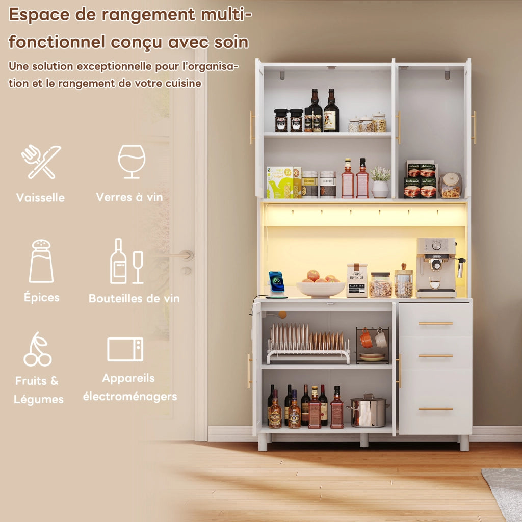 Credenza da Cucina con 3 Cassetti; 3 Ante; 2 Ripiani Regolabili; LED; Prese e USB per Cucina in MDF Bianco
